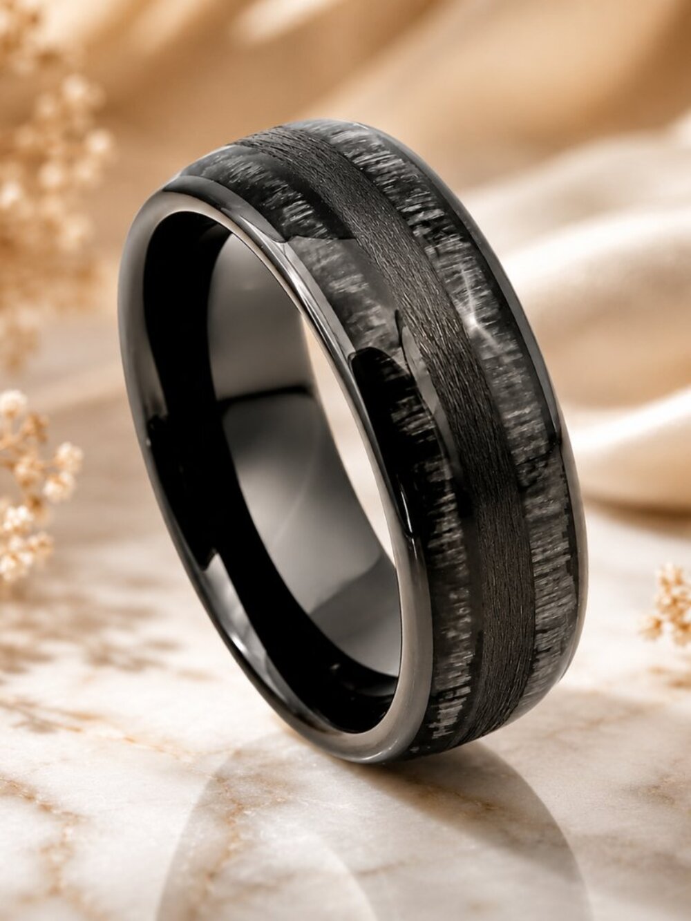 Charcoal Wood Inlay Black Tungsten Wedding Ring, GALTUN1004-12.5